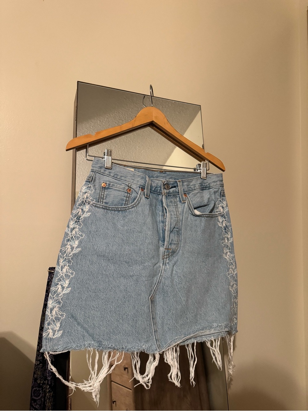 Levi's Light Blue Denim Mini Skirt with White Embroidered Sides